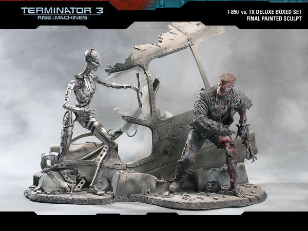 Terminator 3: Rise of the Machines T3 Deluxe BOXED Figure Set McFarlane Toys (Non Mint Sun Damaged and Cracked Packaging)