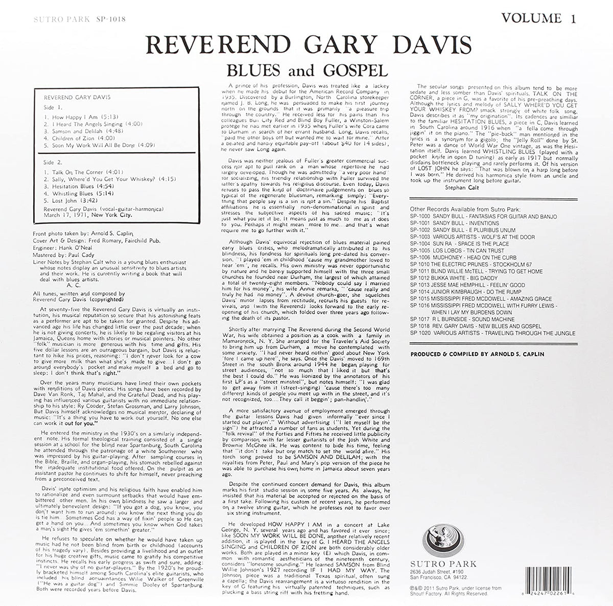 Davis, Reverend Gary/Blues And Gospel (Blue Vinyl) [LP]