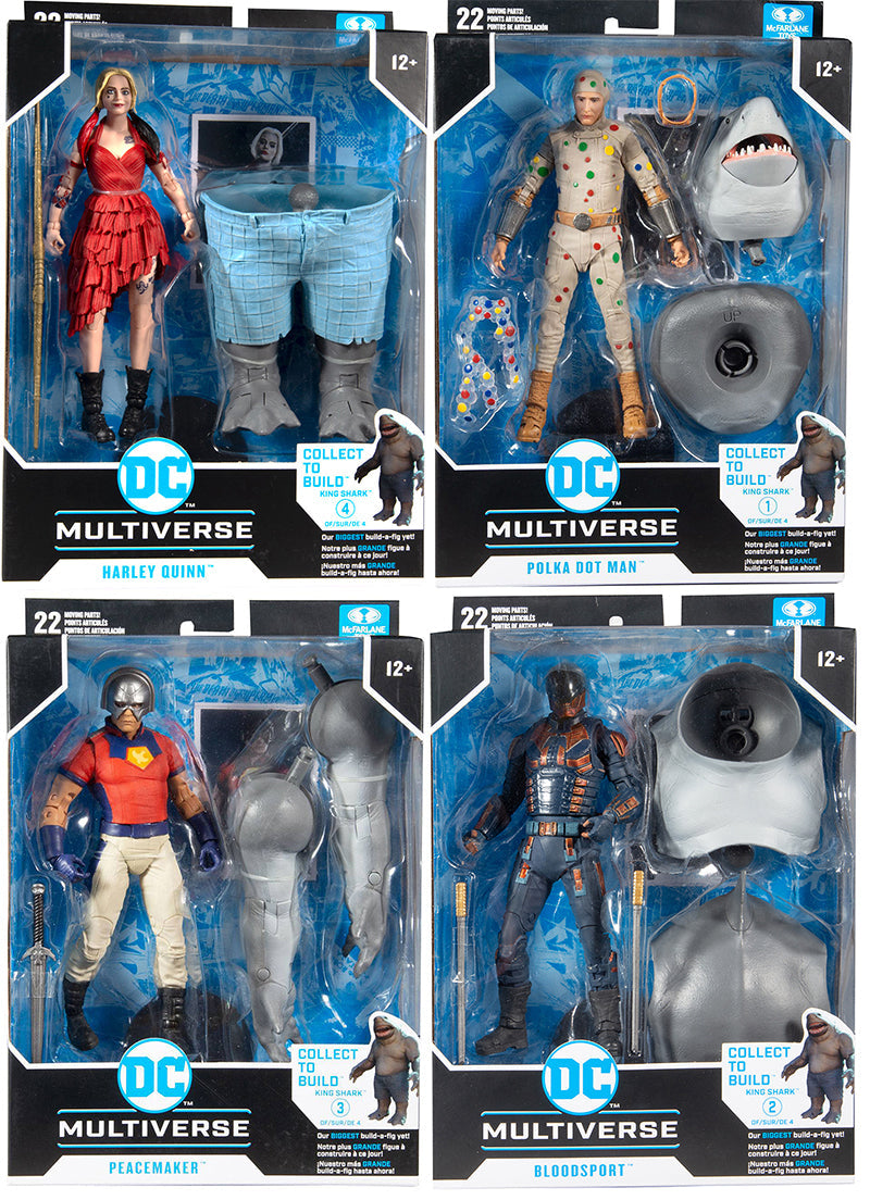 DC Multiverse Suicide Squad 7 Inch Action Figure BAF King Shark - Set of 4 (Harley - Peacemaker - Polka - Bloodsport) (Sub-Standard Packaging)