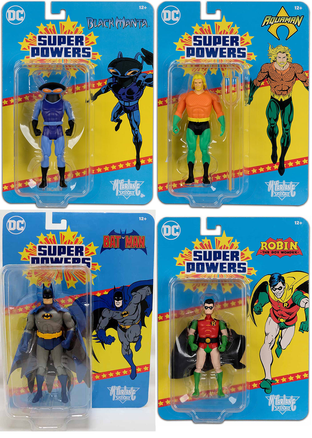 DC Super Powers 4 Inch Action Figure Wave 10 Crowdfunded Exclusive - Set of 4 (Darker Batman - Matte Aquaman - Purple Black Manta - Round Buckle Robin)