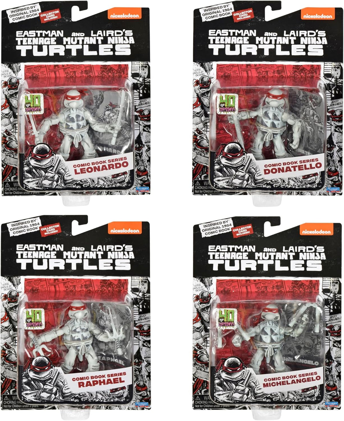 Teenage Mutant Ninja Turtles 4 Inch Action Figure 4-Pack Box Set - Ninja Turtles Black and White Comic Book Figures with Comic Book