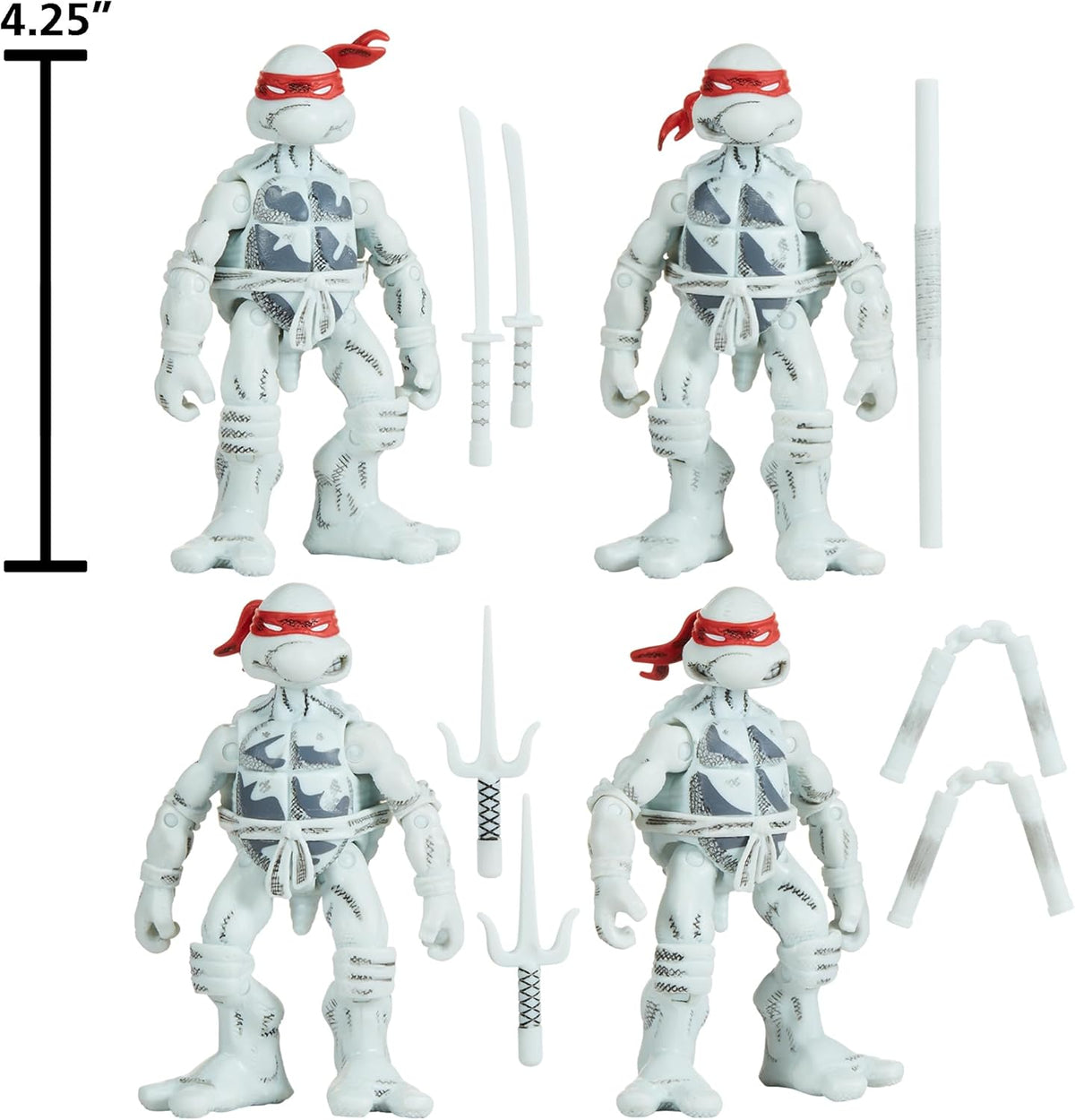 Teenage Mutant Ninja Turtles 4 Inch Action Figure 4-Pack Box Set - Ninja Turtles Black and White Comic Book Figures with Comic Book