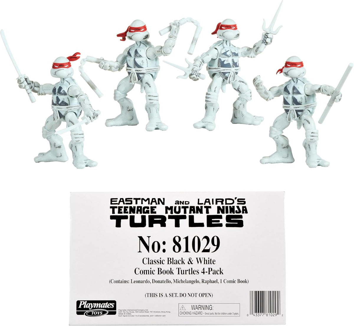 Teenage Mutant Ninja Turtles 4 Inch Action Figure 4-Pack Box Set - Ninja Turtles Black and White Comic Book Figures with Comic Book