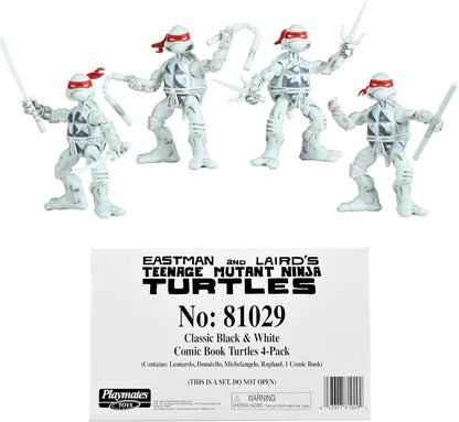 Teenage Mutant Ninja Turtles 4 Inch Action Figure 4-Pack Box Set - Ninja Turtles Black and White Comic Book Figures with Comic Book
